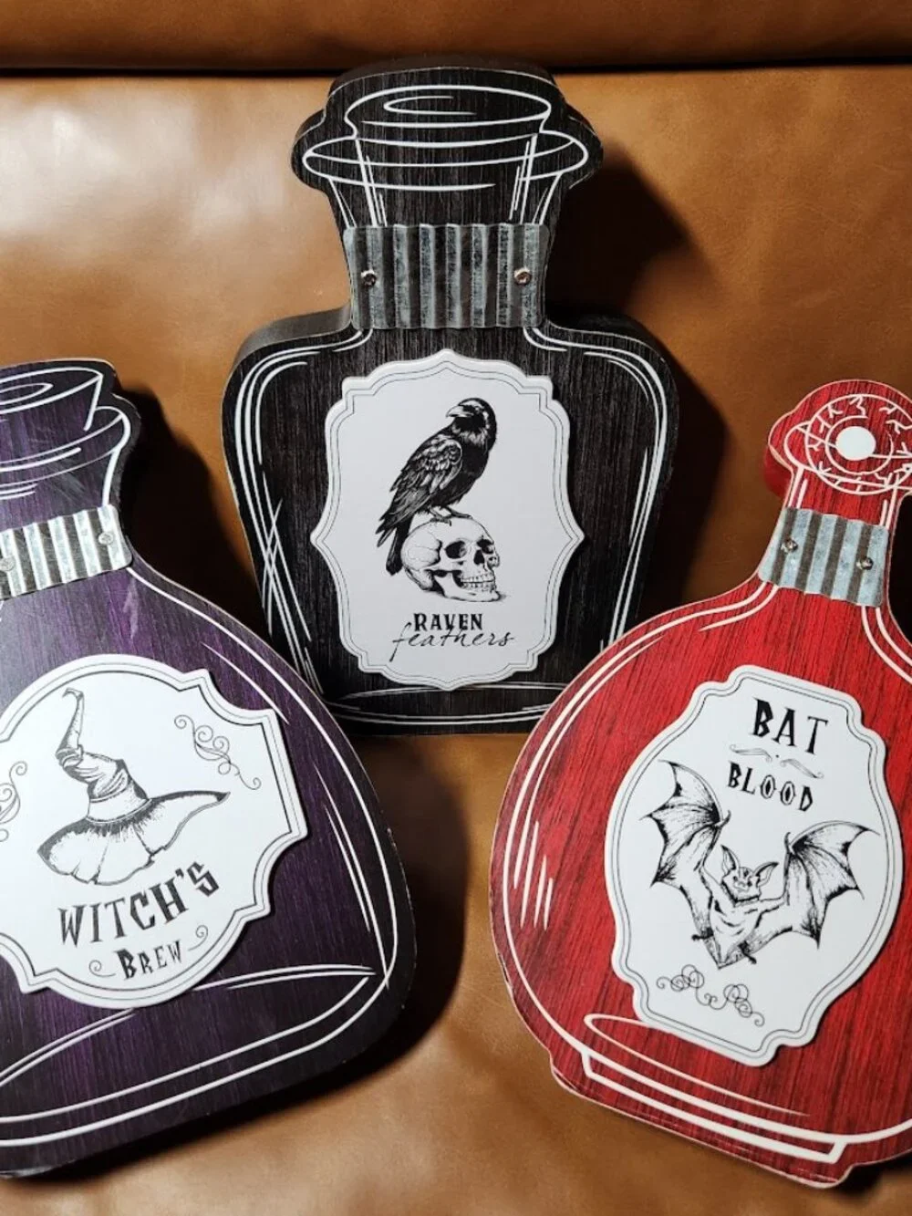 New Set of 3 Halloween Decor Wooden Potions Wood Decorations Bat Blood Witch's B